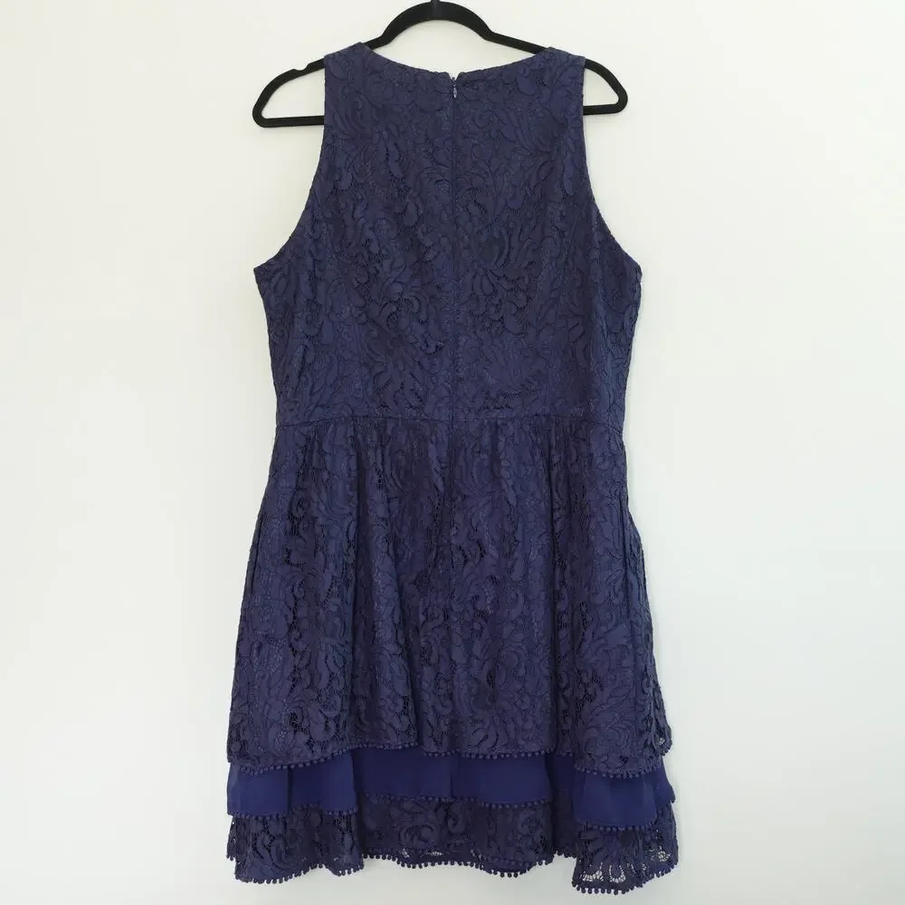 Eliza J Navy Tiered Fit Flare Floral Lace Short Cocktail Party Dress Size 16 - Picture 8 of 8